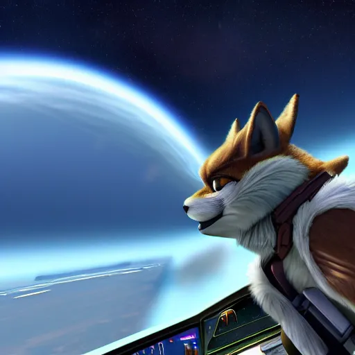 Image similar to high quality photo of star fox looking out at the ocean at sunset realism 8k award winning photo