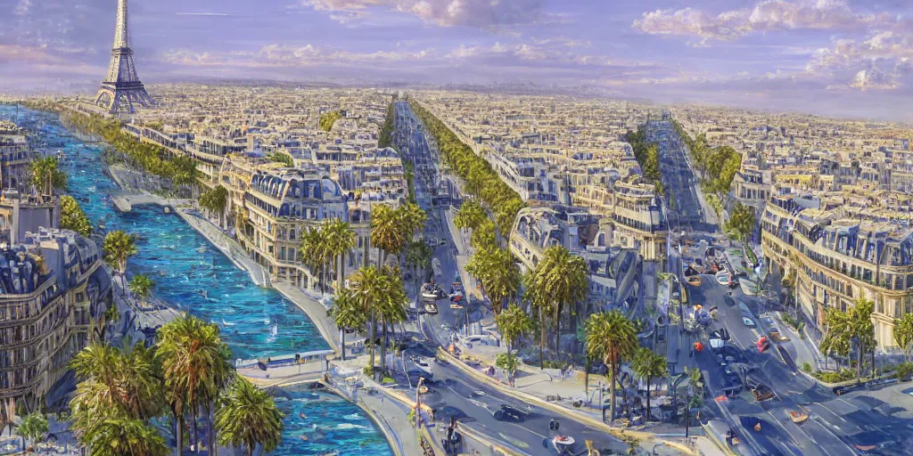 Prompt: the beautiful city of paris rebuilt next to the ocean in sunny california, amazing weather, beach view, palm trees, splendid haussmann architecture, wonderful eiffel tower, digital painting, highly detailed, intricate, concept art, matte painting, trending on artstation, art by greg rutkwowski, artgerm, wlop