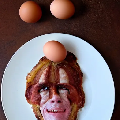 Prompt: kevin bacon's face as side bacon on a plate with eggs
