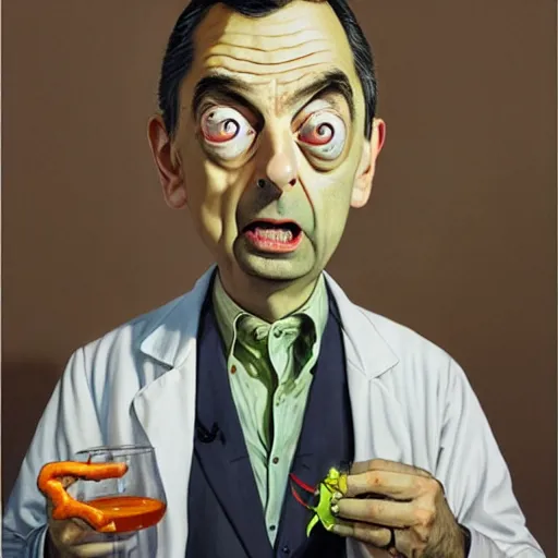 Image similar to mr. bean mad scientist psychopath, caricature, portrait by gaston bussierre and charles vess and james jean and erik jones and rhads, inspired by rick and morty, epic, funny, huge scale, beautiful fine face features, intricate high details, sharp, ultradetailed