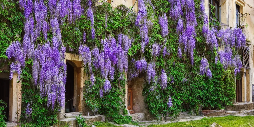 Image similar to photo of a ancient roman house with wisteria flowers, wallpaper, arhitectural shot, national geographic, award arhitectural photography, professional arhitectural photography, sunny, day time, beautiful, warm light, fernando guerra, tekla evelina severin, karen vikke