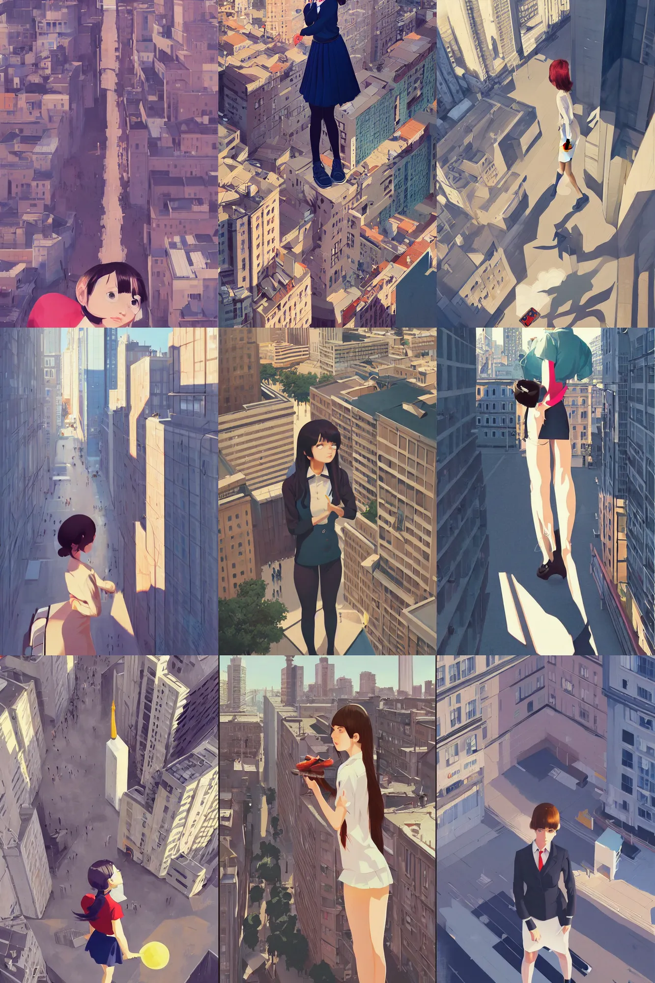 Image similar to a cute giantess wearing school uniform standing in the city which seem small, bird's eye view, strong brush stroke, sharp focus, illustration, morandi color scheme, art station, by ilya kuvshinov