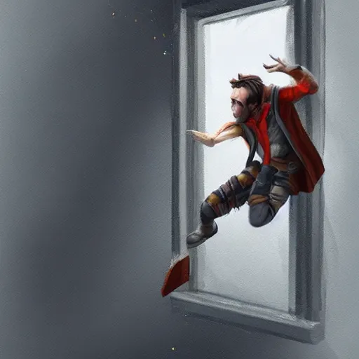 Image similar to A character jumping through a window to escape his pursuant, digital painting, concept art, artstation