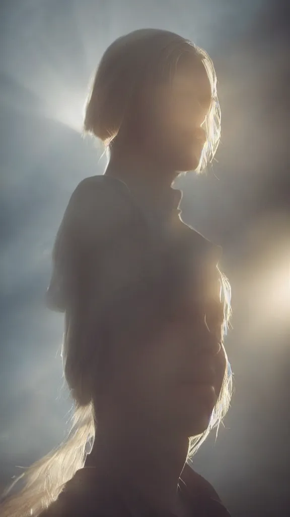 Image similar to very very beautiful photograph of emily skinner looking like annie leonhart standing next to a window god rays shining on her from the sunlight, volumetric fog, smoke, depth of field, beautiful composition, very very very beautifull face, on artstation and instagram