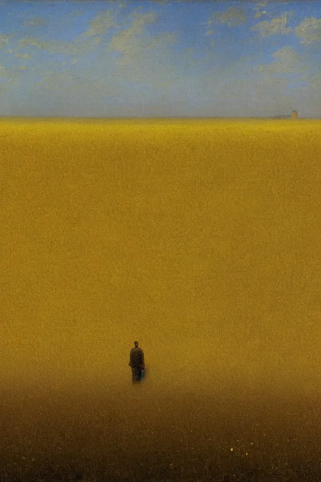 Prompt: the back view of one small terminator robot, standing in the middle of yellow wheat fields, looking at some gargantuan tall buildings by Ivan Aivazovsky, golden ratio