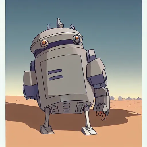 Image similar to a study of cell shaded cartoon of a grey robot from howl's moving castle ( 2 0 0 4 ) building pyramids on a desert road, full body, wide shot, very muted colors, post grunge, studio ghibli, laurie greasley, highly detailed, deviantart, art by artgem