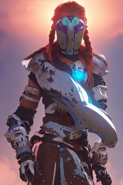 Image similar to combination suit armor aloy horizon forbidden west horizon zero dawn robot ninja mask helmet backpack tribal, aesthetic octane render, 8 k hd resolution, by ilya kuvshinov and cushart krentz and gilleard james radiating a glowing aura cgi rtx 2 0 2 2