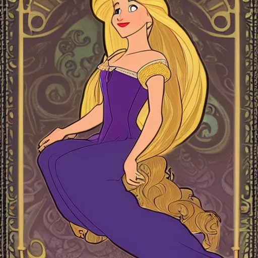 Prompt: rapunzel from disney's tangled, 8k, french noveau style, alphonse mucha