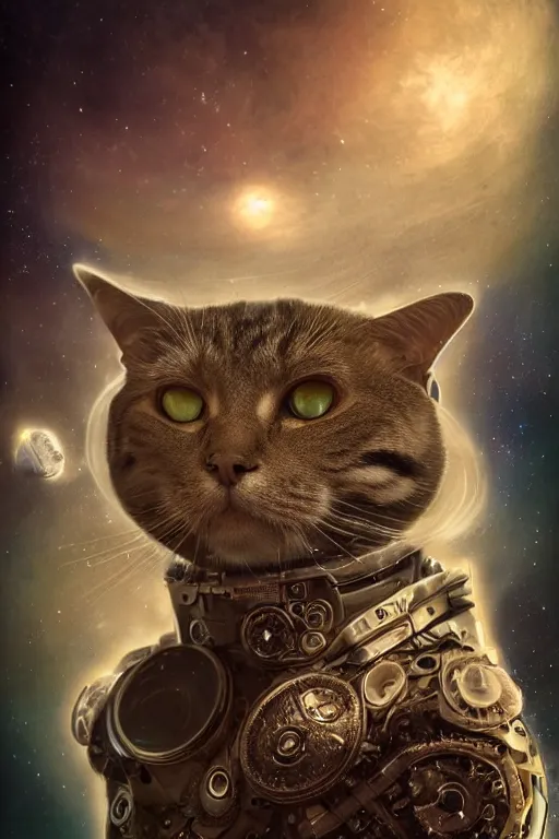 Image similar to a beautiful ultradetailed fine art photo of a futuristic cybernetic cyborg cat against galactic space, by tom bagshaw and natalie shau, portrait, 3 5 mm lens, golden ratio composition, detailed face, studio photography, very detailed, deep depth of field, humanoids, industrial robotic cats, artstation, 8 k, highly coherent