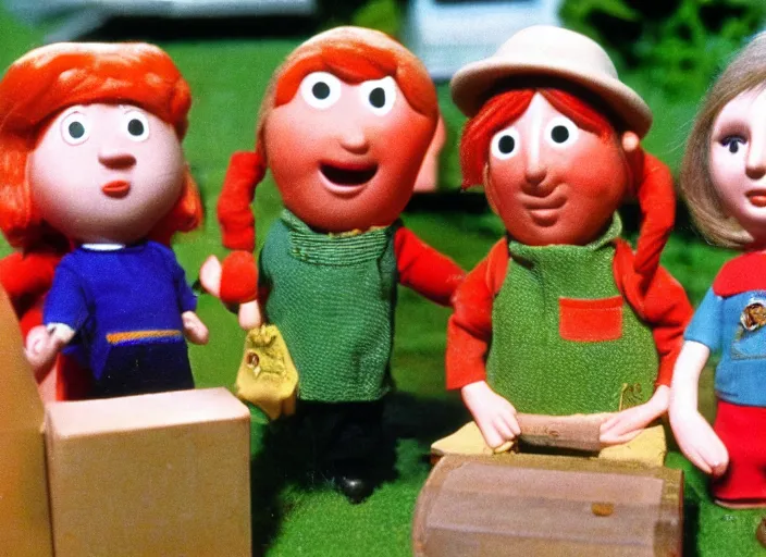 Image similar to a scene from a 1 9 7 0 s british kids tv programme by the bbc and oliver postgate, stop motion animation, postman pat, vhs distortion