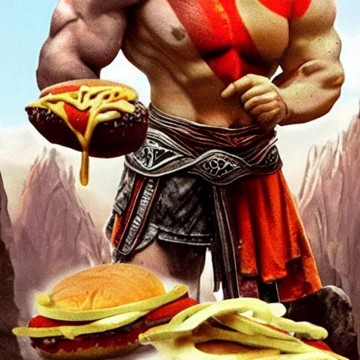 Image similar to kratos from god of war eating a cheeseburger