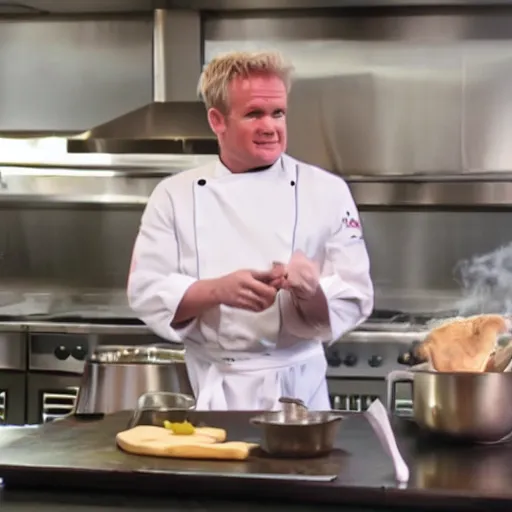 Image similar to hyper real Gordon Ramsey cooking a unicorn in kitchen 4k