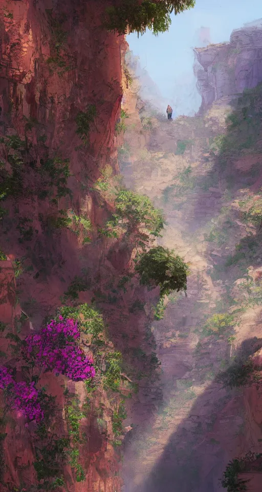 Image similar to canyon, ground filled with flowers, camel traders walking through, artstation