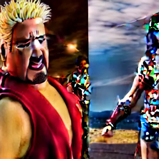 Image similar to Cinematic movie still of Guy Fieri cosplaying as Wonder Woman but it\'s actually Guy Fieri