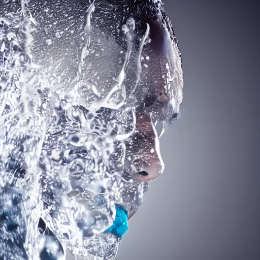 Image similar to spilling water creating a human head out of water, on the ocean water, ray tracing, realistic water sharp focus, long shot, 8 k resolution, cinematic, amazing water art