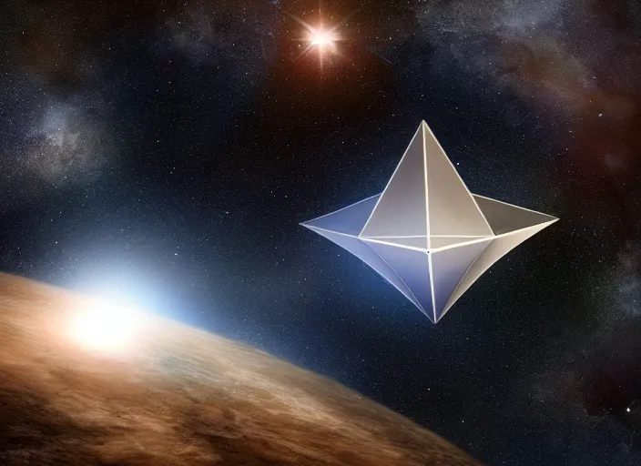 Image similar to a hyper realistic star tetrahedron floating in space, composition, photorealistic, epic