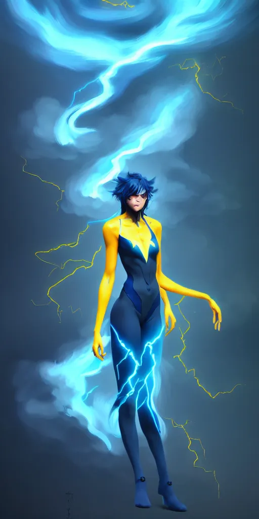 Image similar to wispy smoky full body illustration of a dark blue air elemental with yellow eyes and lightning; detailed, best on artstation, cgsociety, wlop, cosmic, epic, stunning, gorgeous, masterpiece