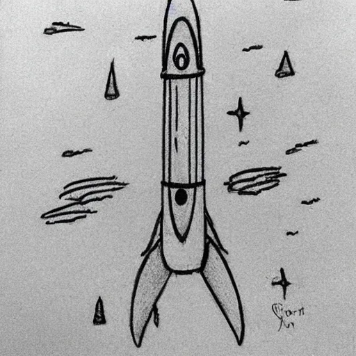 Prompt: pencil sketch of a rocket ship blasting through the sky