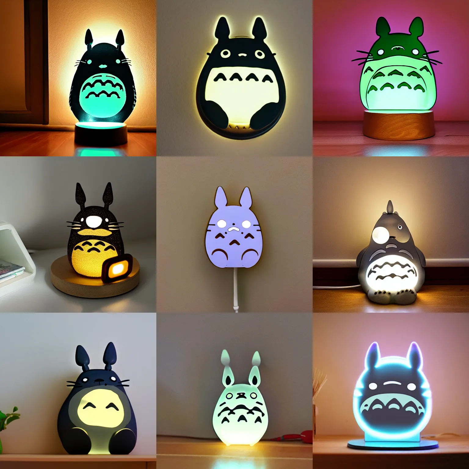 Prompt: a night light in the shape of totoro, in kids room, plugged in next to door