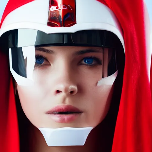 Image similar to headshot of a beautiful female soldier in glossy sleek white armor and a long red cape, looking up at camera, determined expression, no helmet, on the surface of mars, night time, cinematic, sci-fi, hyperrealistic