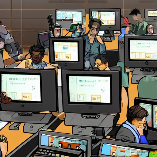 Prompt: fifty monkeys are staring a individual computer screens in a crowded cubicle - style office, the computer screens have bitcoin logos, in the style of the videogame disco elysium, harsh contrast lighting