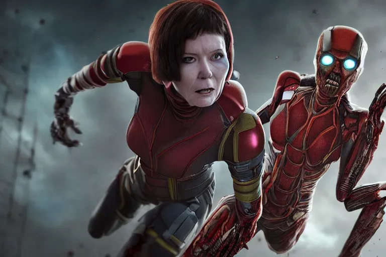 Image similar to film still of zombie zombie Hope Van Dyne The Wasp as a zombie in new avengers movie, 4k