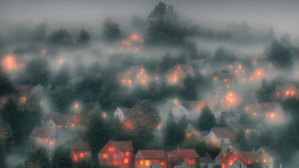 Prompt: village with many beautiful houses in the fog, fog, volumetric lighting, mystique, atmospheric, conept art, teal and orange, sharp focus, ultra detailed, noir arthouse, 4 k, cinematic, 3 5 mm
