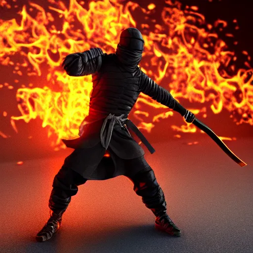 Image similar to a ninja with a sword in a fire background, 3 d render octane, trending on artstation