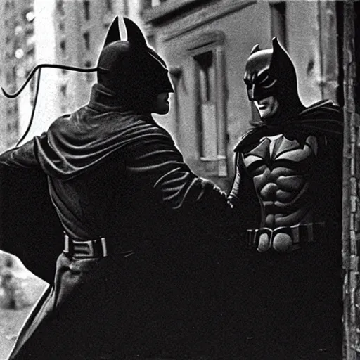 Image similar to a close - up old black and white photo, 1 9 1 3, depicting batman fighting a mafia boss in an ally of new york city, rule of thirds, historical record