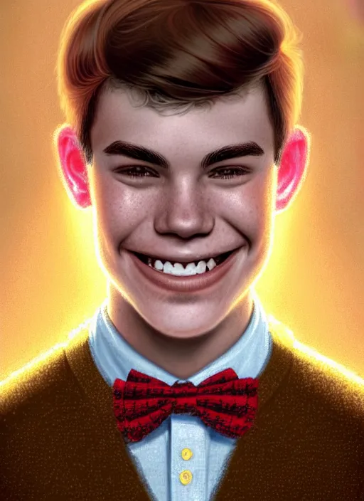 Image similar to portrait of teenage archie andrews, freckles, curly middle part haircut, curly hair, middle part hairstyle, smiling kindly, wearing a bowtie and sweater vest, intricate, elegant, glowing lights, highly detailed, digital painting, artstation, concept art, smooth, sharp focus, illustration, art by wlop, mars ravelo and greg rutkowski