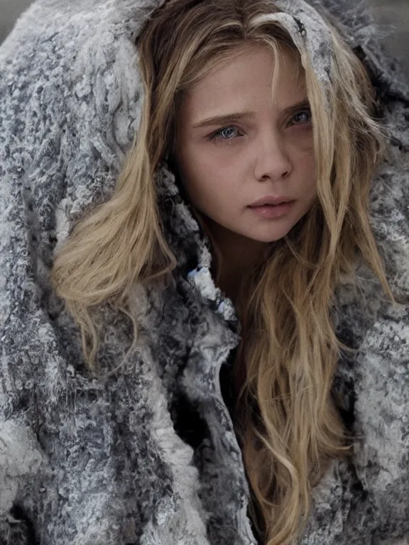 Prompt: hyperdetailed close shot of chloe grace moretz, winds of winter, with ripped crop t - shirt, fine - face, pretty face