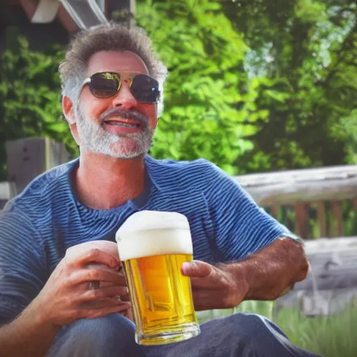 Prompt: man enjoying a beer in his back yard during the summer, feet up, camera positioned behind him, digital art