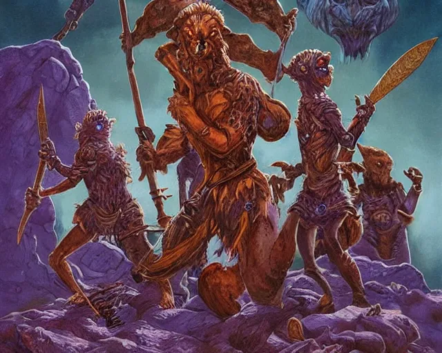 Image similar to Fantasy illustration by Clyde Caldwell - The pack of kobolds is crouched in a circle. They are snivelling canid humanoids, with scales of rust, and they carry spears. Their leader, a matronly female with numerous tattoos, kneels in the center of the circle and gathers the pulsing purple moss. She has a spear, but it lies across her lap. The kobolds chatter to one another, and you hear the word “food” uttered more than once.