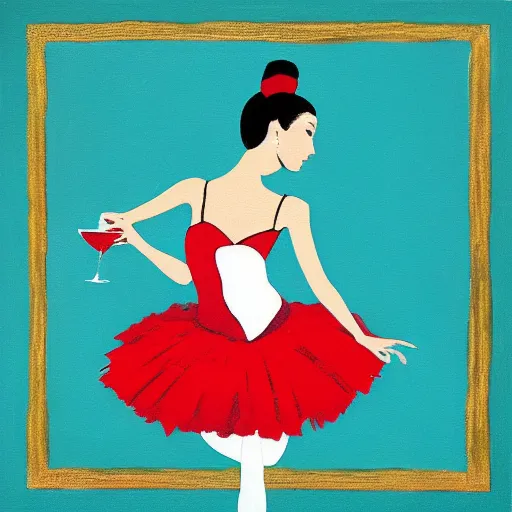 Image similar to square painting of a ballerina drinking wine in a teal room all on a red background