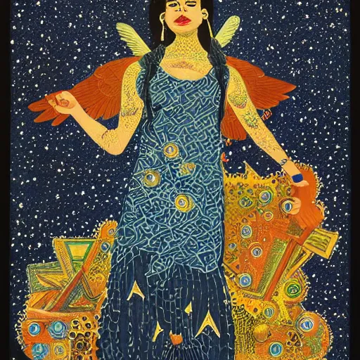 Prompt: perspective pointillism, manichaean artwork by frank stella, by ravi zupa. a experimental art of a woman with wings made of stars, surrounded by a blue & white night sky. the woman is holding a staff in one hand, & a star in the other. she is wearing a billowing dress, & her hair is blowing in the wind.