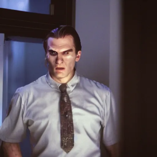 Image similar to arthas menethil as the american psycho, cinematic still