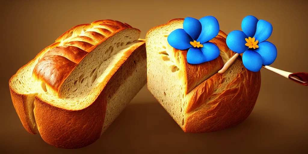 Image similar to epic professional digital art of a bread toast!!! wearing 👓!!!! and a blue flower!!!!, best on artstation, cgsociety, much detail, much wow, masterpiece