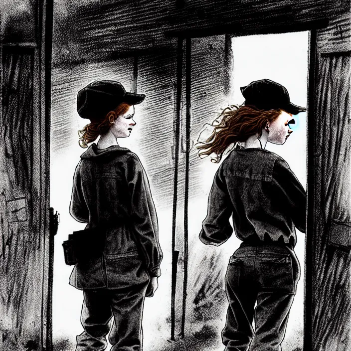 Image similar to sadie sink in dirty workmen clothes waves goodbye to workmen. near a gate. background : factory, dirty, polluted. technique : black and white pencil and ink. by gabriel hardman, joe alves, chris bonura. cinematic atmosphere, detailed and intricate, perfect anatomy