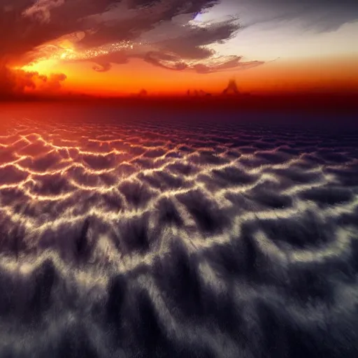 Image similar to hyperrealistic image of laminar helmholtz flow on sunset horizon sky, by thomas eakes & xiang duan & mike judge, perfect symmetry, dim volumetric lighting, photorealistic, 8 k octane beautifully detailed render, post - processing, extremely hyper - detailed, intricate, epic composition, cinematic lighting, masterpiece, trending on artstation, incredibly detailed, stunning,