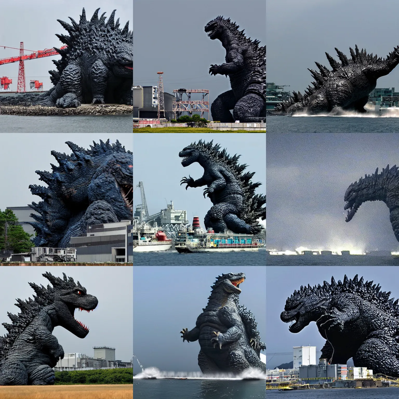 Prompt: godzilla attacking fukushima daiichi unit 4