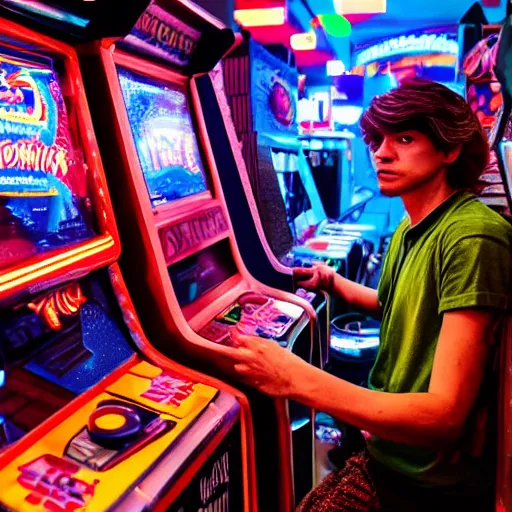 Image similar to A busy arcade in the 80's in the style of Kung Fury, perfect face, intricate, Sony a7R IV, symmetric balance, polarizing filter, Photolab, Lightroom, 4K, Dolby Vision, Photography Award