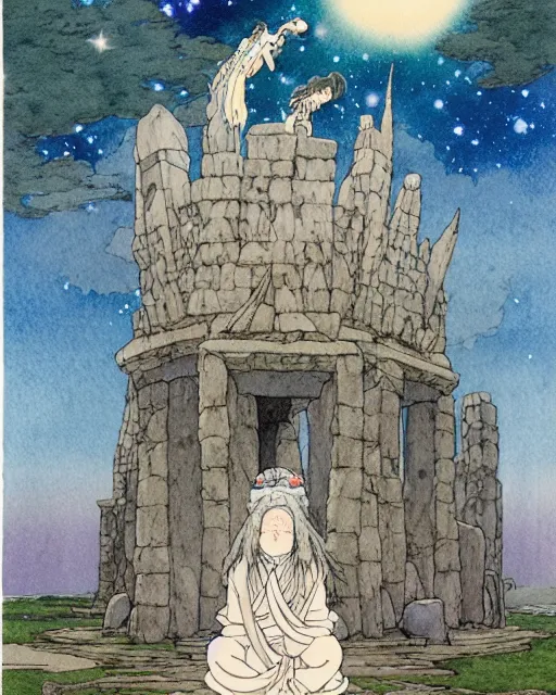 Image similar to a hyperrealist studio ghibli watercolor fantasy concept art of a giant long haired grey witch in lotus position sitting on top of stonehenge with a starry sky in the background. a group of tiny monks are prostrating them themselves. by rebecca guay, michael kaluta, charles vess