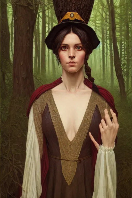 Image similar to symmetry portrait of welsh brunette witch student in mans tunic, tomboy, short hair, forest, magic, intricate, elegant, highly detailed, digital painting, artstation, concept art, smooth, sharp focus, illustration, art by artgerm and greg rutkowski and fra angelico and alphons mucha