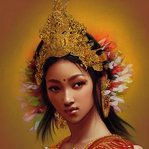 Image similar to a bali dancer, portrait, highly detailed, digital painting, artstation, concept art, sharp focus, illustration, art by artgerm and greg rutkowski and alphonse mucha