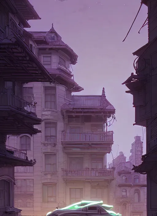 Prompt: highly detailed building villa style in urban area architectural concept in foucs mod by atey ghailan, james gilleard, by joe fenton, by greg rutkowski, by greg tocchini, by kaethe butcher, 4 k resolution, gradient purple, brown black and white color scheme!!! ( ( green flaming robotic sewer background ) )