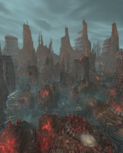 Image similar to City made of human flesh and viscera, from World of Warcraft, HD 4K, Unreal engine.