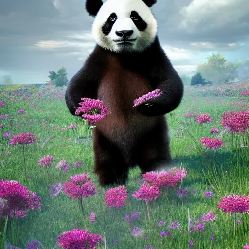 Prompt: panda wearing mirror-armor, standing in a burning field of flowers, cgsociety, octane render, trending on artstation, artstationHD, artstationHQ, unreal engine, 4k, 8k