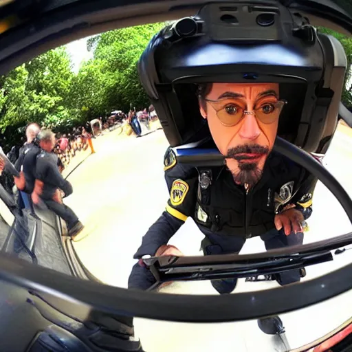 Prompt: bodycam photo of robert downey jr. running from a police officer, wide angle, fisheye, uhd, 8 k, bodycam, award winning,