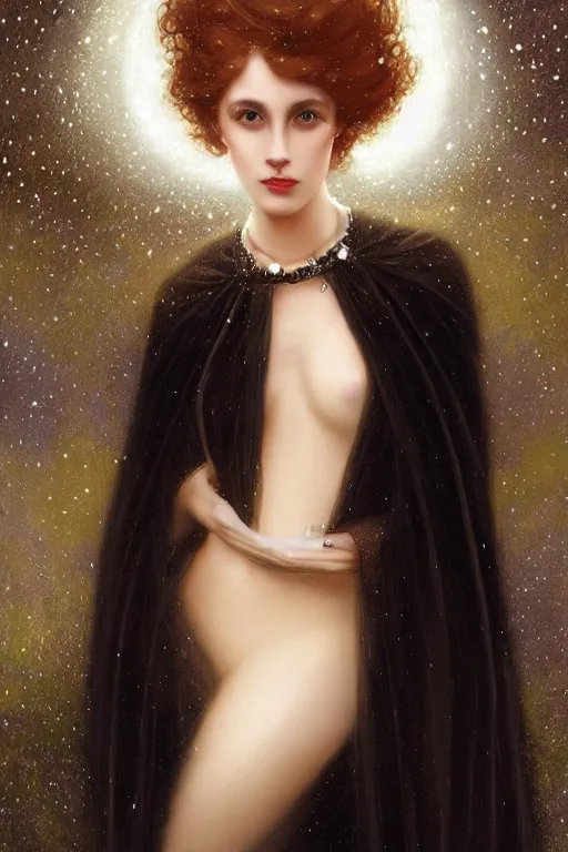 Image similar to Nocturne, glowing, stars, a long-legged elegant sultry woman, long auburn hair, pearl choker, tiara, highly detailed, mysterious, ethereal, dressed in black velvet, haute couture, illustration, dramatic lighting, soft details, painting, by Edmund Blair Leighton, Brom, Charlie Bowater, trending on artstation, faces by otto schmidt