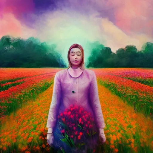 Image similar to woman with blooming flower face, standing in flower field, surreal photography, sunrise, impressionist painting, colorful clouds, artstation, dali, simon stalenhag